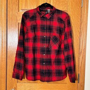 NWT H&M Divided Women's M Red Plaid Flannel Button-Up Shirt